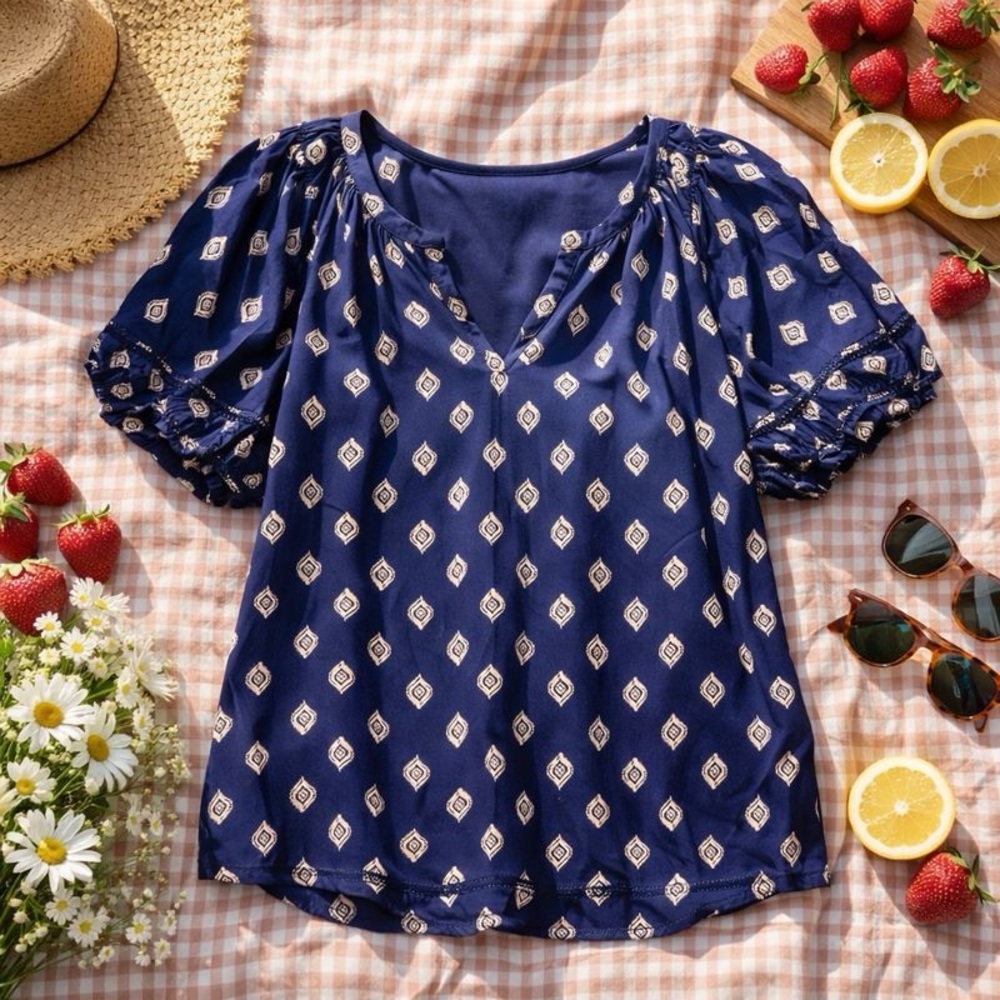 Lane Bryant 26/28 Navy Boho Print Peasant Top Puff Sleeve Plus Size - Picture 3 of 14